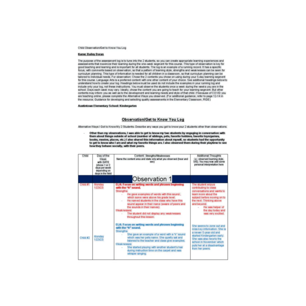 Observation Log Digital Sheets